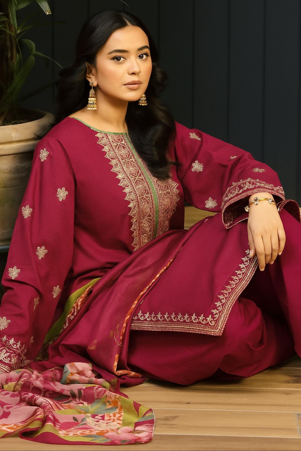 Embroidery Winter Dhanak Fabirc 3pc suit, GuaranteeWinter Dhanak Unstitched Embroidered 3-Piece Suit with Digital Printed Pashmina Wool Shawl D-1024
