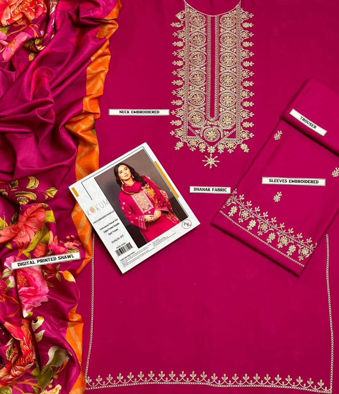 Embroidery Winter Dhanak Fabirc 3pc suit, GuaranteeWinter Dhanak Unstitched Embroidered 3-Piece Suit with Digital Printed Pashmina Wool Shawl D-1024