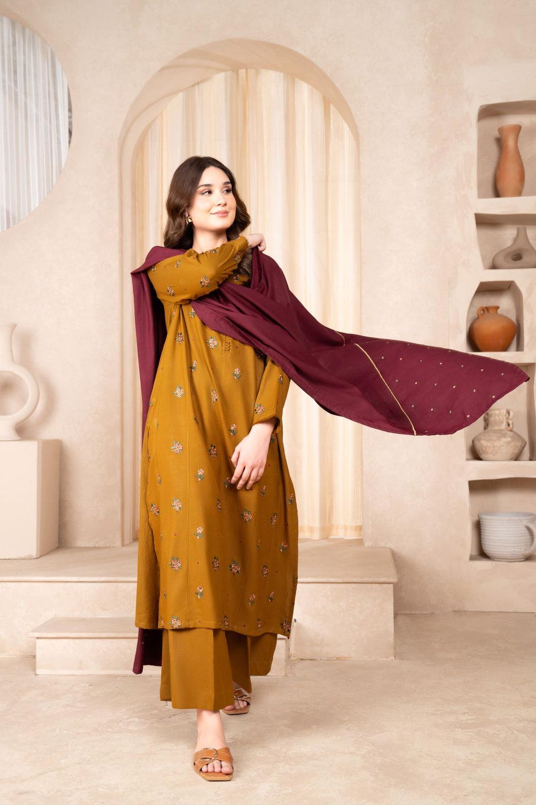 Winter Dhanak Unstitched Embroidered 3-Piece Suit with Digital Printed Pashmina Wool Shawl D-1022