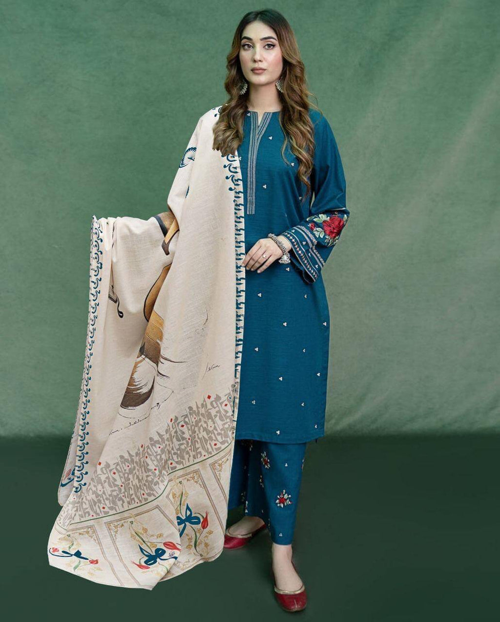 Winter Dhanak Unstitched Embroidered 3-Piece Suit with Digital Printed Pashmina Wool Shawl D-1021