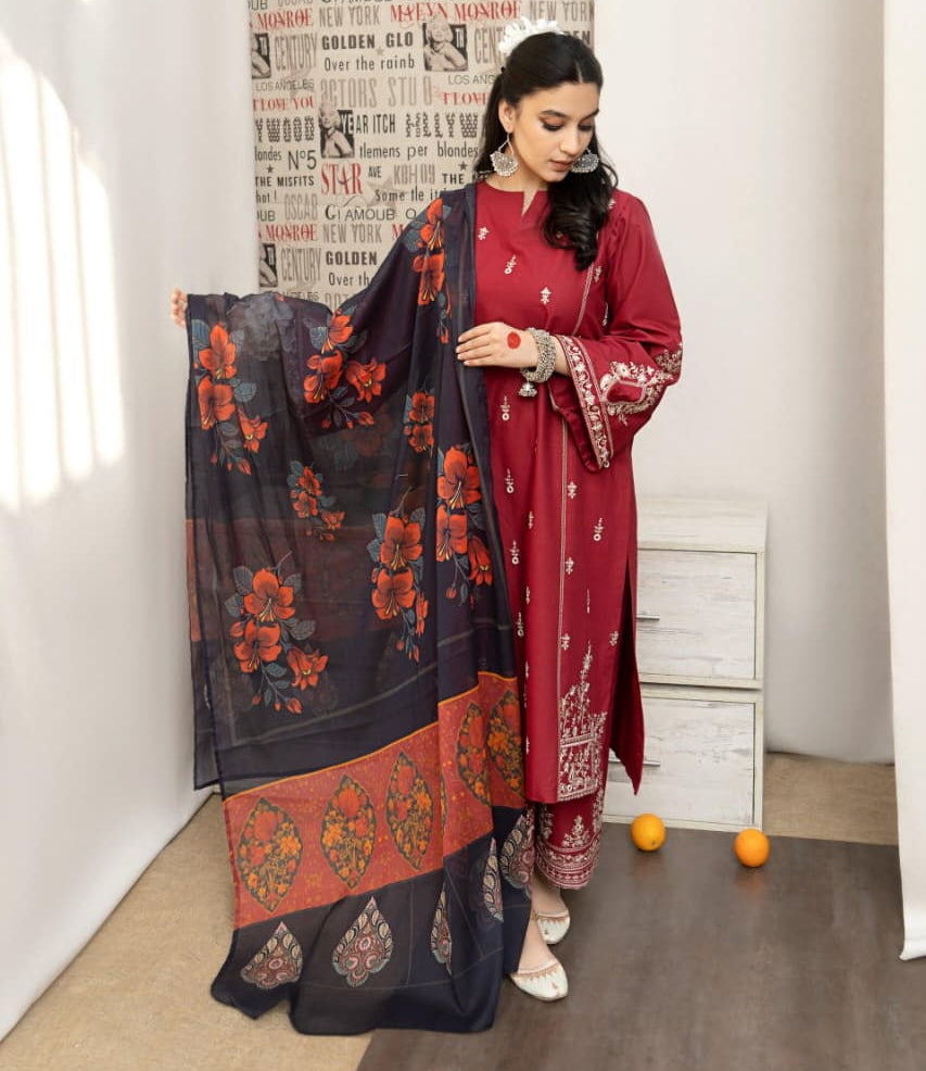 Winter Dhanak Unstitched Embroidered 3-Piece Suit with Digital Printed Pashmina Wool Shawl D-1002