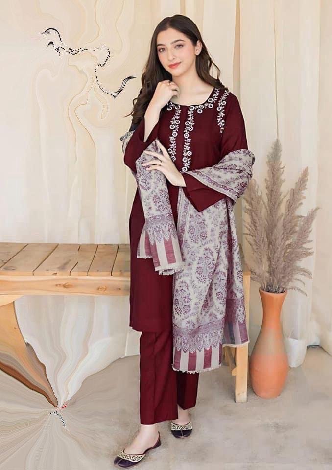 Embroidery Winter Dhanak Fabirc 3pc suit, GuaranteeWinter Dhanak Unstitched Embroidered 3-Piece Suit with Digital Printed Pashmina Wool Shawl D-1023d Premium Quality