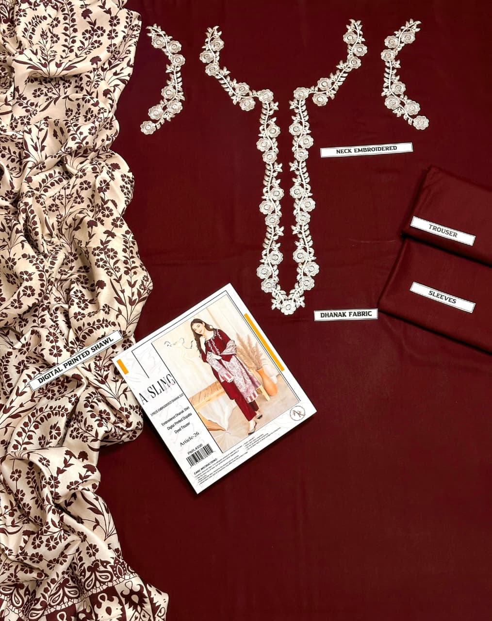 Embroidery Winter Dhanak Fabirc 3pc suit, GuaranteeWinter Dhanak Unstitched Embroidered 3-Piece Suit with Digital Printed Pashmina Wool Shawl D-1023d Premium Quality