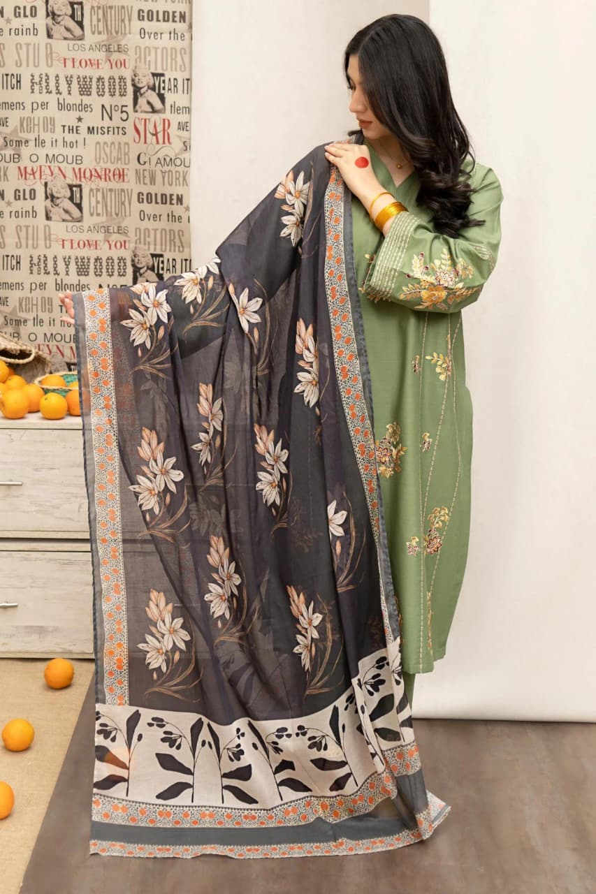Winter Dhanak Unstitched Embroidered 3-Piece Suit with Digital Printed Pashmina Wool Shawl D-1020