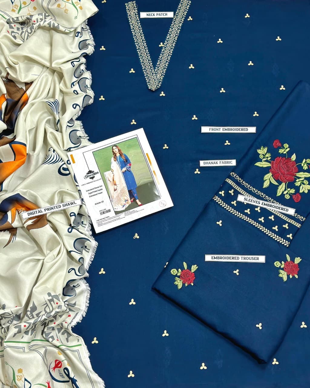 Winter Dhanak Unstitched Embroidered 3-Piece Suit with Digital Printed Pashmina Wool Shawl D-1021