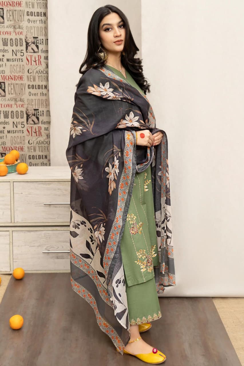 Winter Dhanak Unstitched Embroidered 3-Piece Suit with Digital Printed Pashmina Wool Shawl D-1020