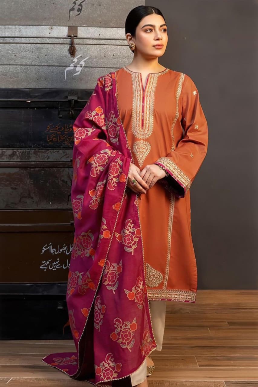 Winter Dhanak Unstitched Embroidered 3-Piece Suit with Digital Printed Pashmina Wool Shawl D-1003