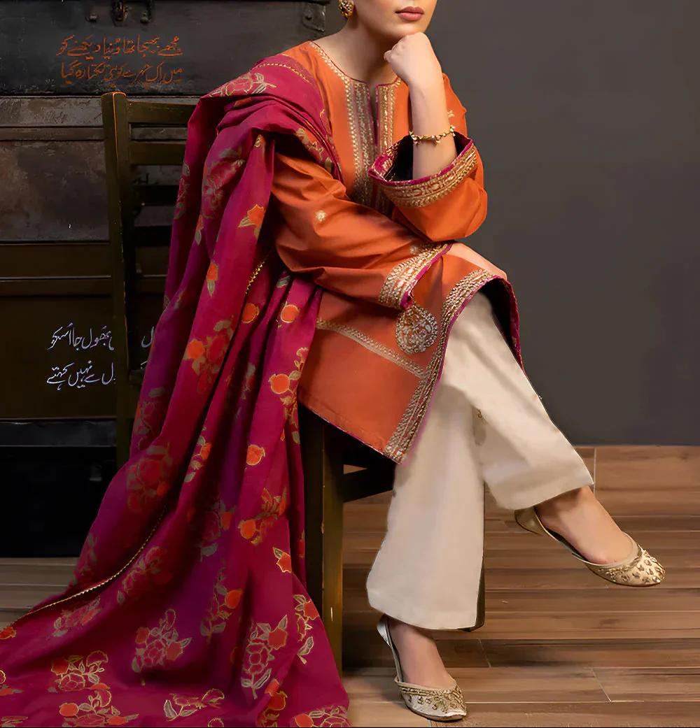 Winter Dhanak Unstitched Embroidered 3-Piece Suit with Digital Printed Pashmina Wool Shawl D-1003