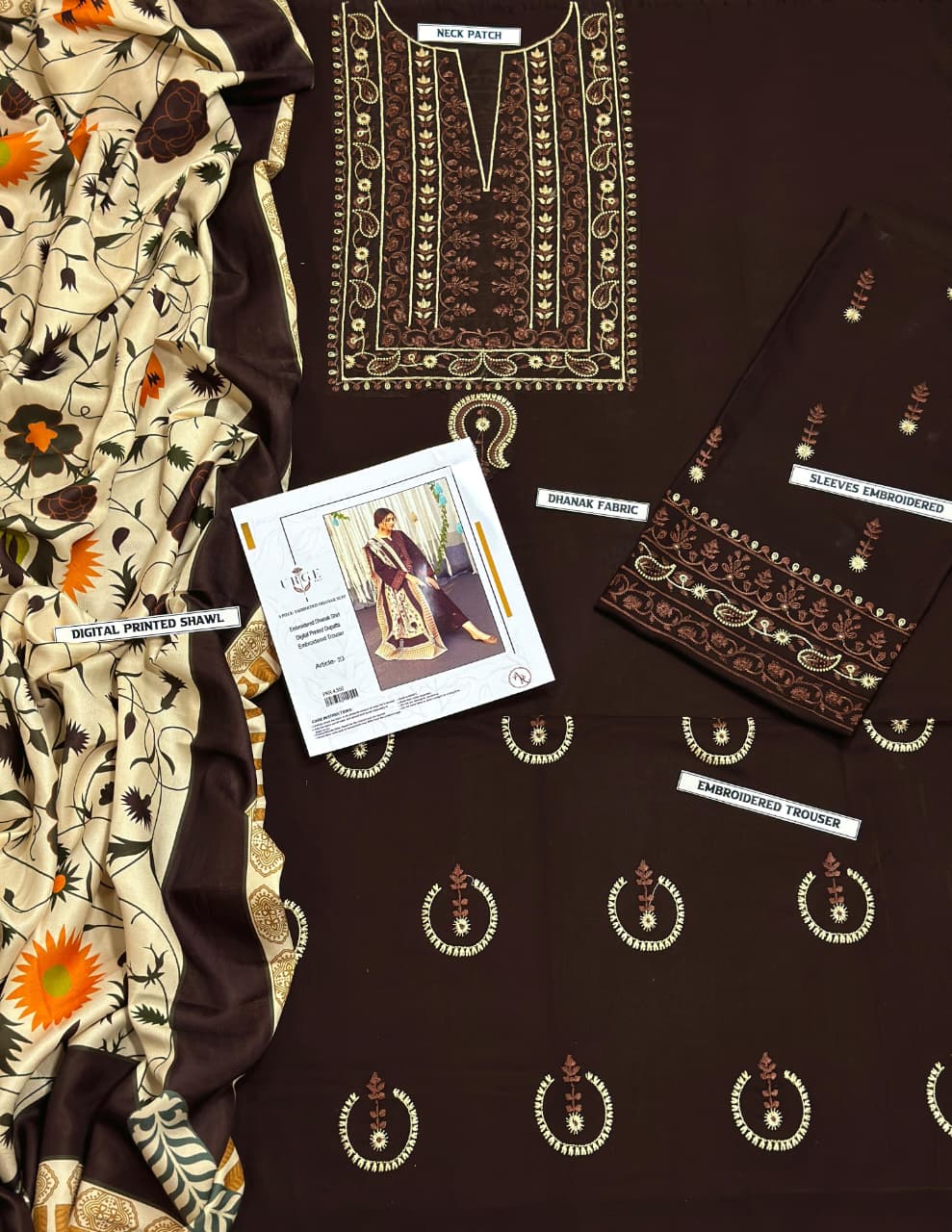 Embroidery Winter Dhanak Fabirc 3pc suit, GuaranteeWinter Dhanak Unstitched Embroidered 3-Piece Suit with Digital Printed Pashmina Wool Shawl D-1025