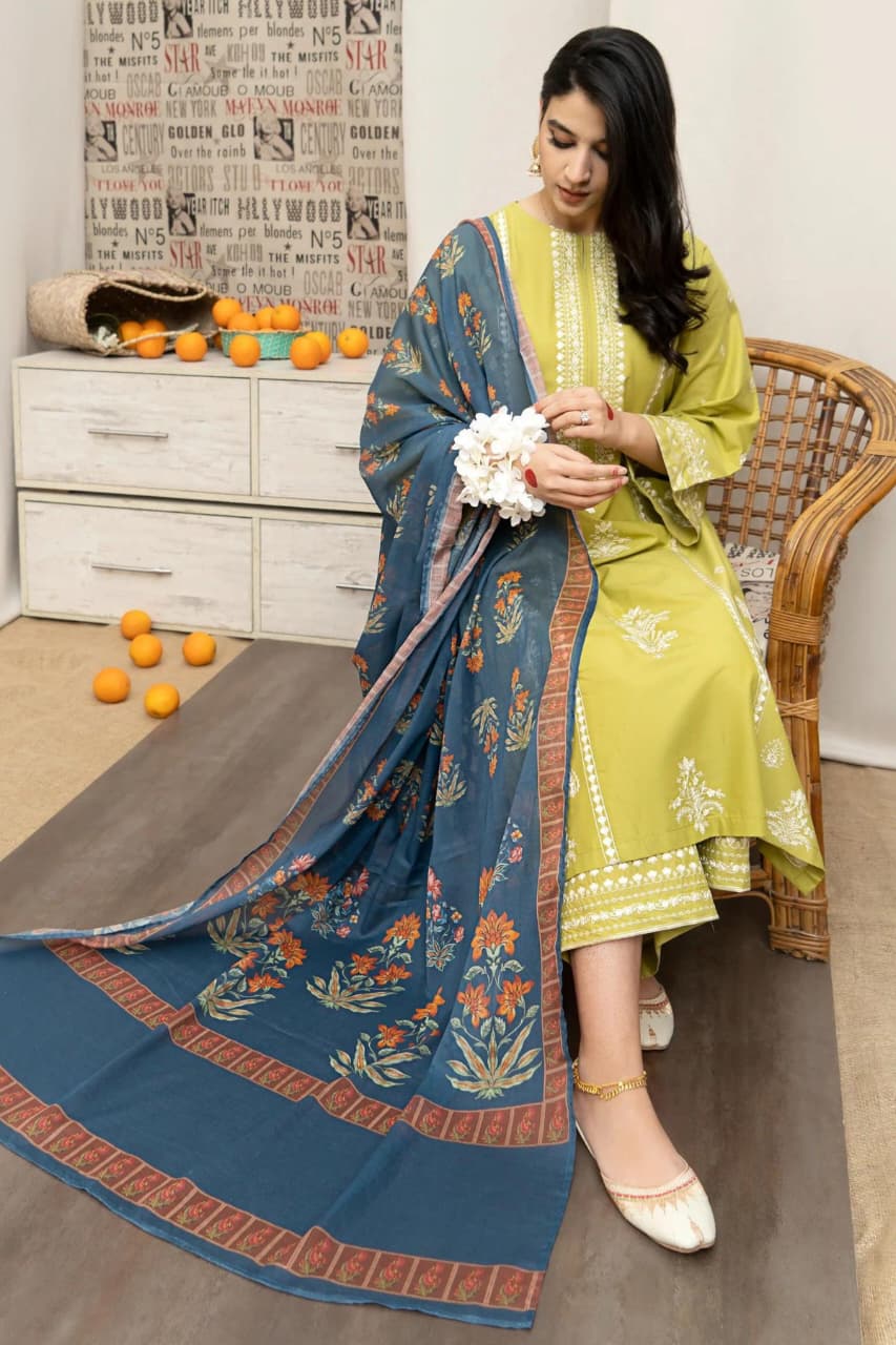 Embroidery Winter Dhanak Fabirc 3pc suit, GuaranteeWinter Dhanak Unstitched Embroidered 3-Piece Suit with Digital Printed Pashmina Wool Shawl D-1026