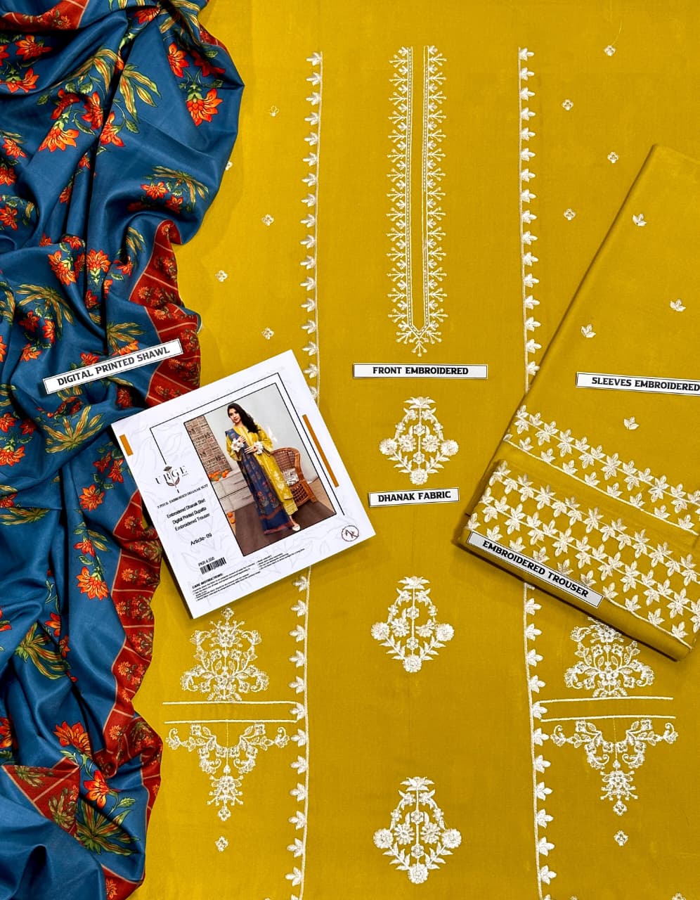 Embroidery Winter Dhanak Fabirc 3pc suit, GuaranteeWinter Dhanak Unstitched Embroidered 3-Piece Suit with Digital Printed Pashmina Wool Shawl D-1026