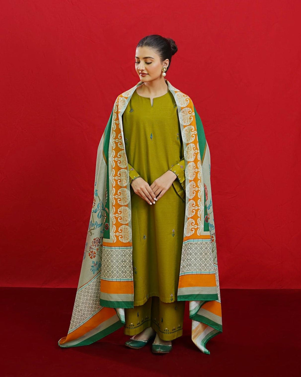 Winter Dhanak Unstitched Embroidered 3-Piece Suit with Digital Printed Pashmina Wool Shawl D-1005