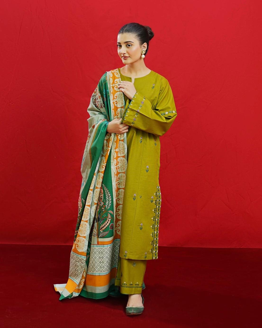 Winter Dhanak Unstitched Embroidered 3-Piece Suit with Digital Printed Pashmina Wool Shawl D-1005