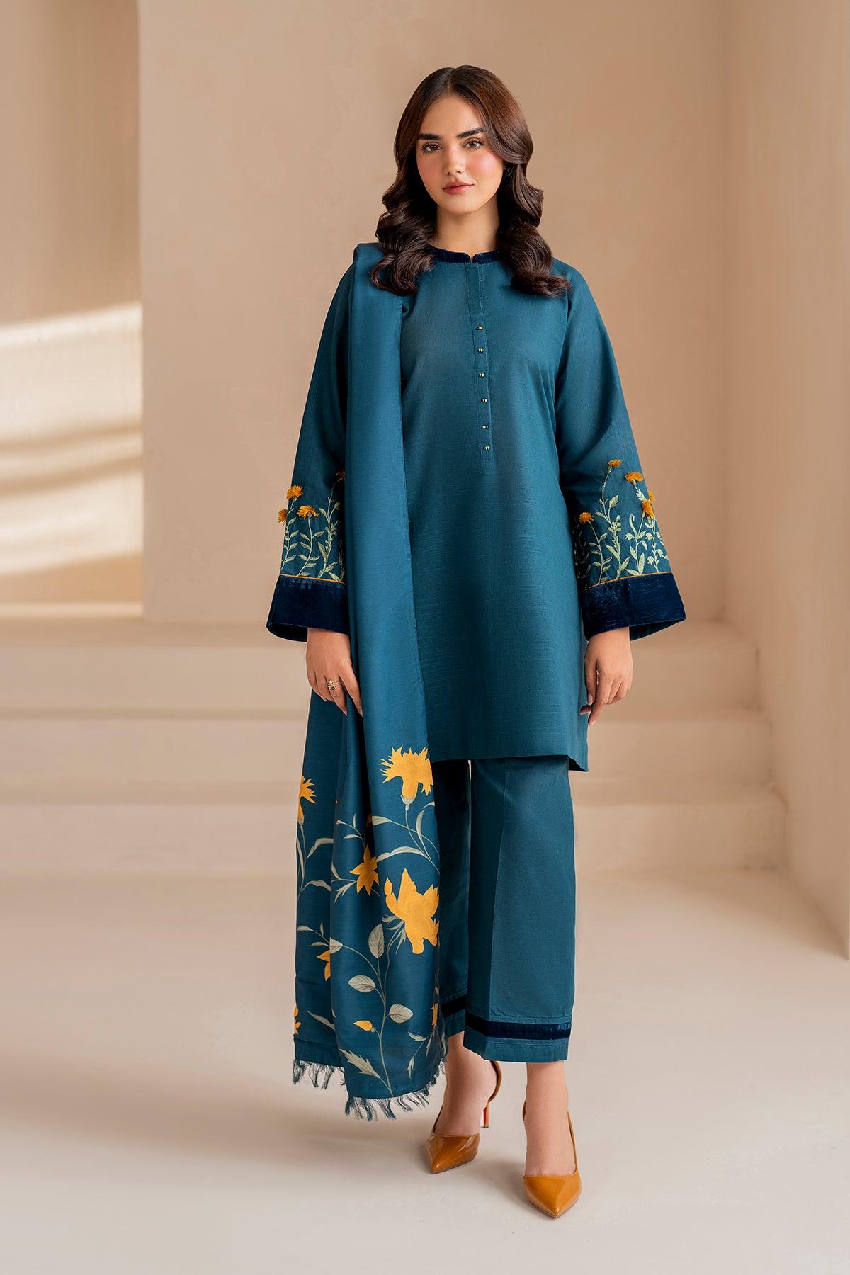 Winter Dhanak Unstitched Embroidered 3-Piece Suit with Digital Printed Pashmina Wool Shawl D-1012