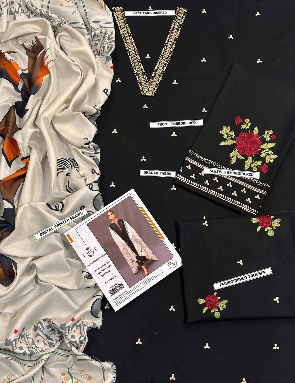 Embroidery Winter Dhanak Fabirc 3pc suit, GuaranteeWinter Dhanak Unstitched Embroidered 3-Piece Suit with Digital Printed Pashmina Wool Shawl D-1027