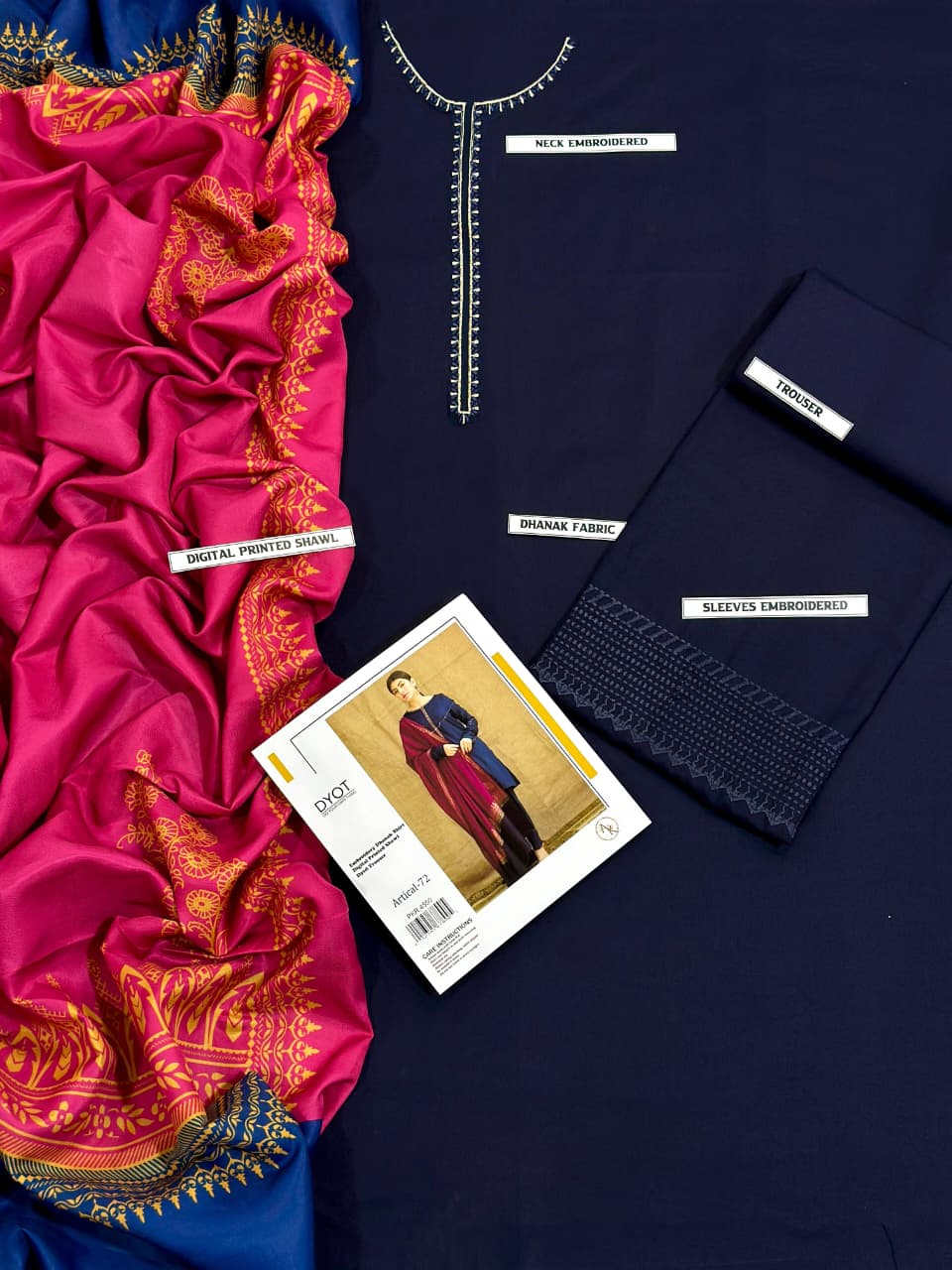 Embroidery Winter Dhanak Fabirc 3pc suit, GuaranteeWinter Dhanak Unstitched Embroidered 3-Piece Suit with Digital Printed Pashmina Wool Shawl D-1033