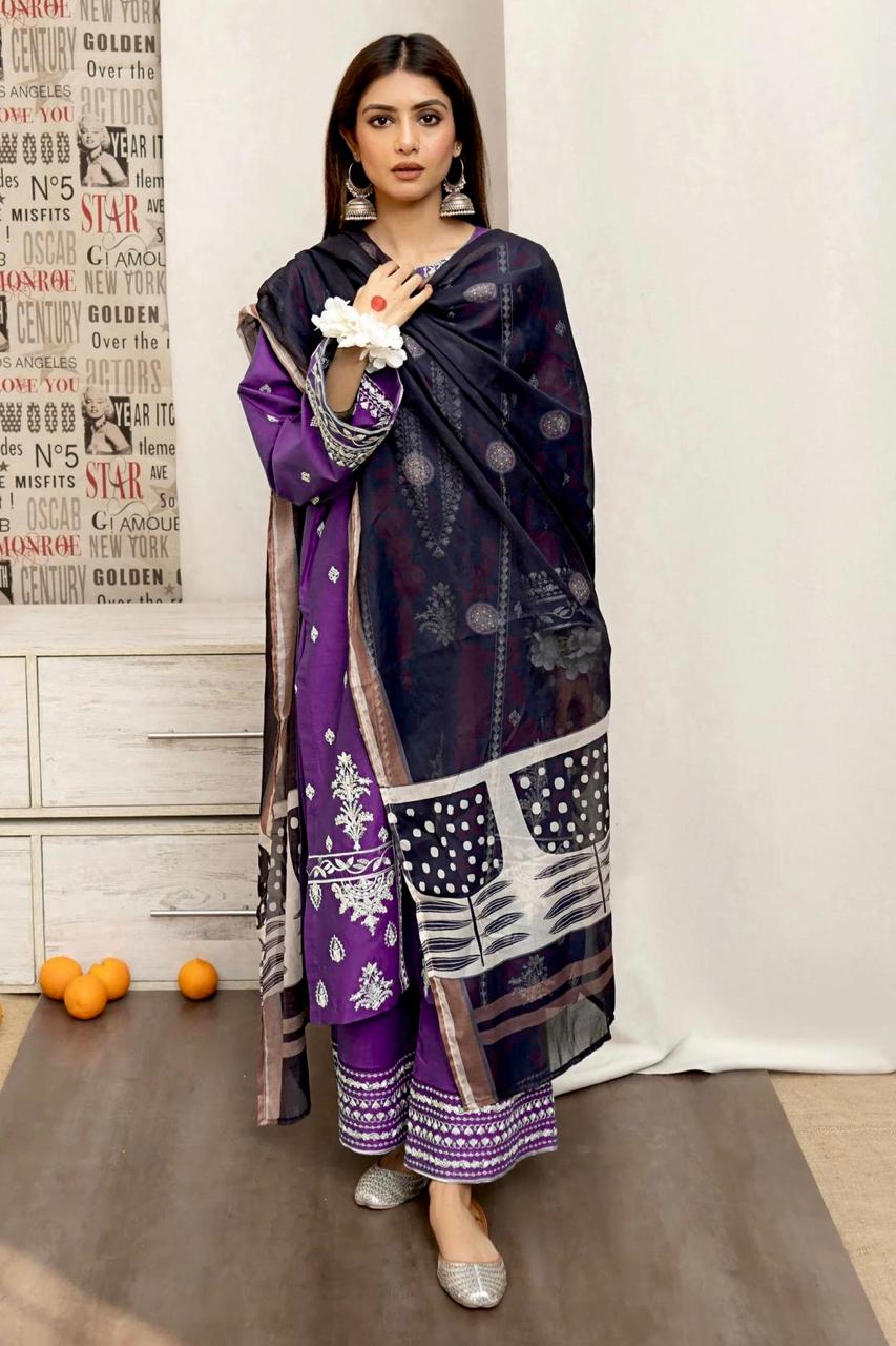Winter Dhanak Unstitched Embroidered 3-Piece Suit with Digital Printed Pashmina Wool Shawl D-1011