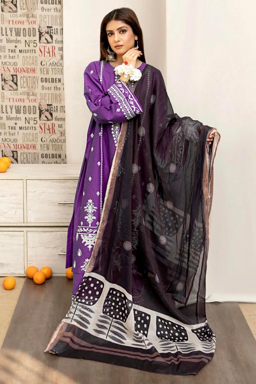 Winter Dhanak Unstitched Embroidered 3-Piece Suit with Digital Printed Pashmina Wool Shawl D-1011
