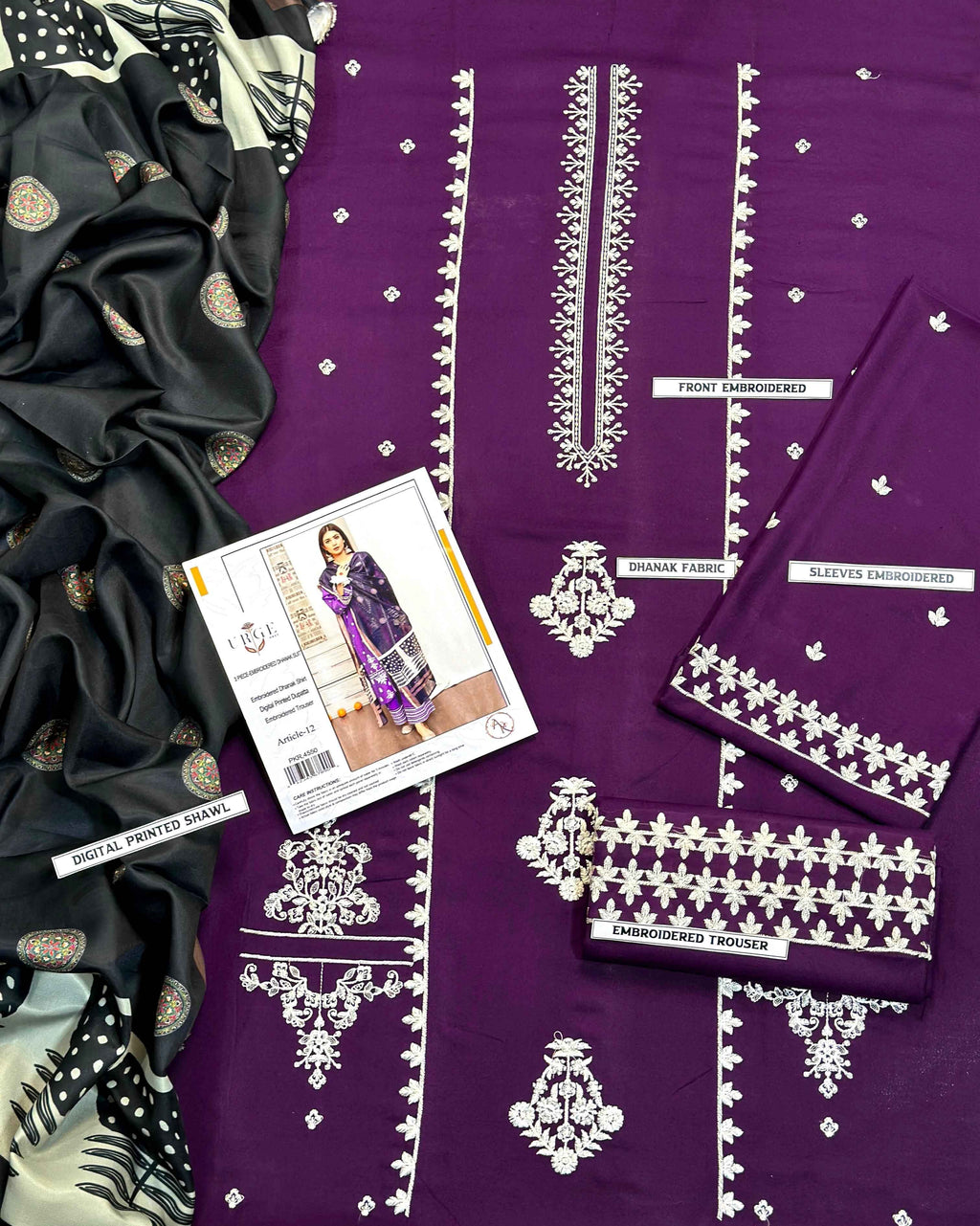 Winter Dhanak Unstitched Embroidered 3-Piece Suit with Digital Printed Pashmina Wool Shawl D-1011