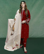 Embroidery Winter Dhanak Fabirc 3pc suit, GuaranteeWinter Dhanak Unstitched Embroidered 3-Piece Suit with Digital Printed Pashmina Wool Shawl D-1034