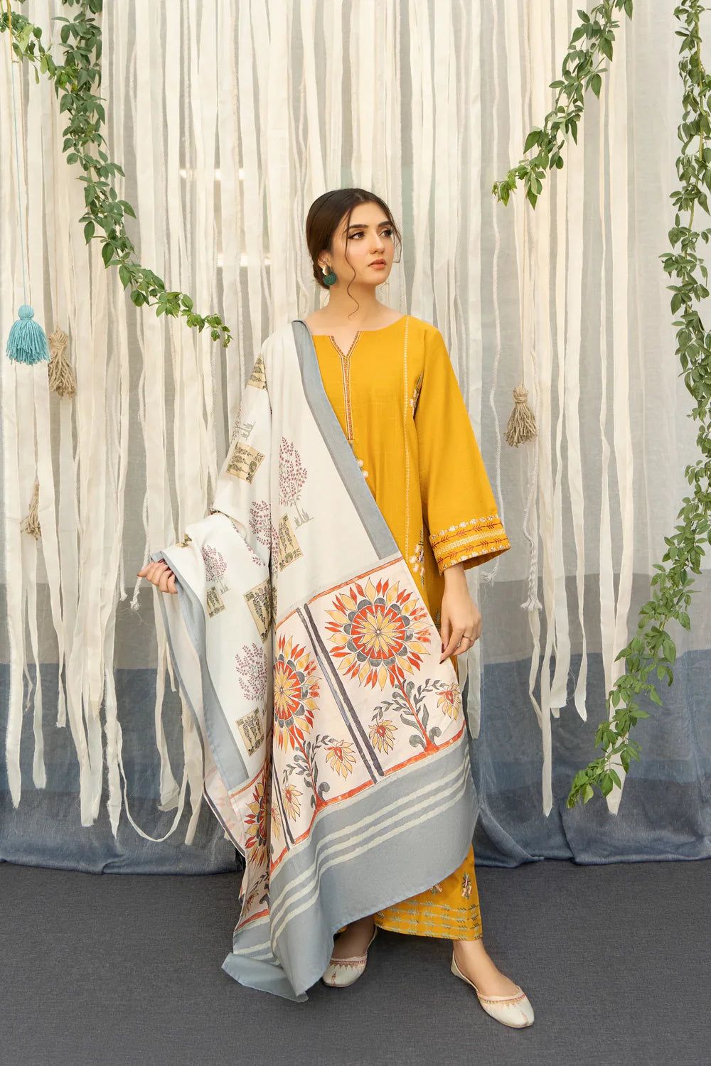 Winter Dhanak Unstitched Embroidered 3-Piece Suit with Digital Printed Pashmina Wool Shawl D-1014