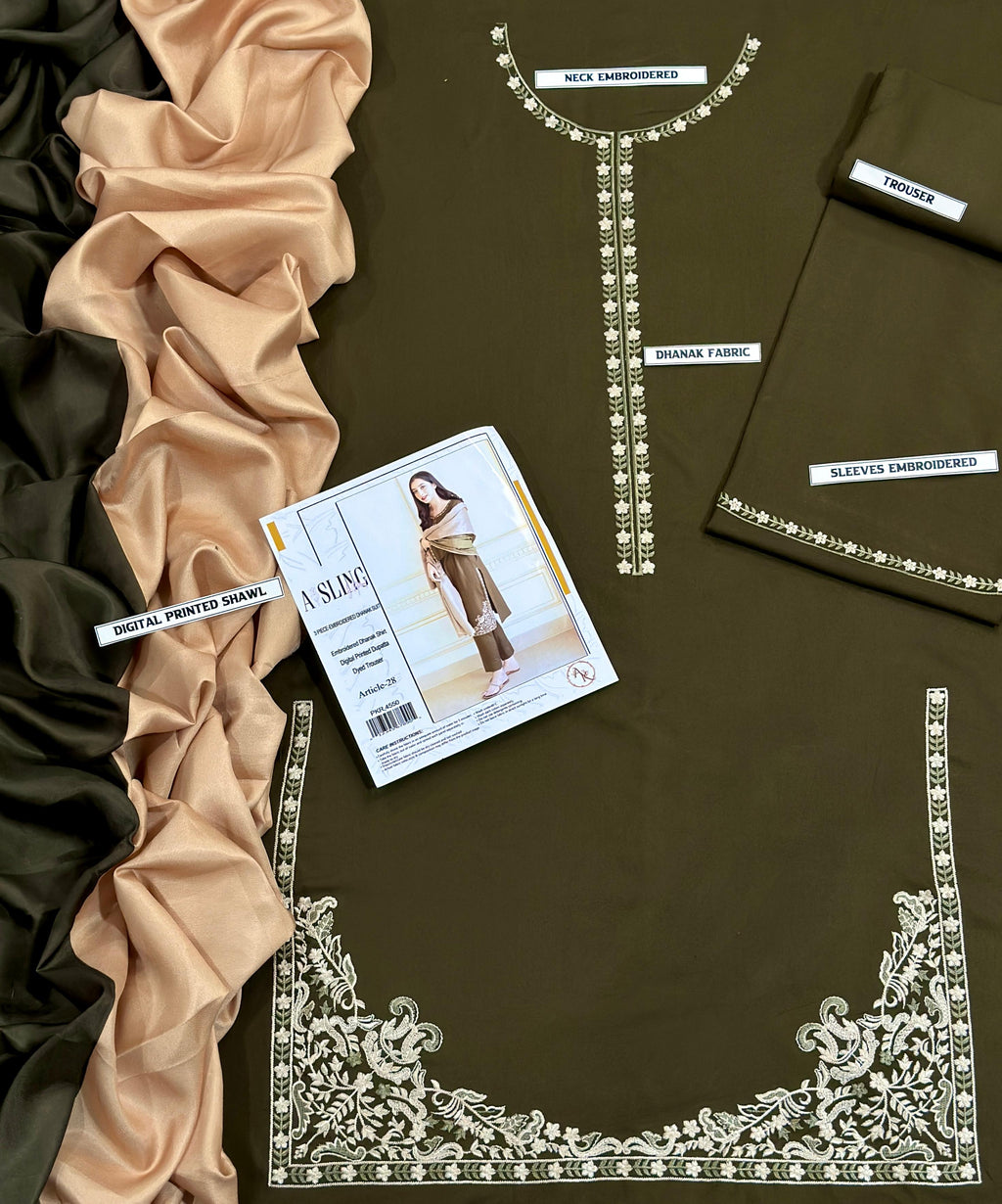 Embroidery Winter Dhanak Fabirc 3pc suit, GuaranteeWinter Dhanak Unstitched Embroidered 3-Piece Suit with Digital Printed Pashmina Wool Shawl D-1029