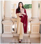 Embroidery Winter Dhanak Fabirc 3pc suit, GuaranteeWinter Dhanak Unstitched Embroidered 3-Piece Suit with Digital Printed Pashmina Wool Shawl D-1028