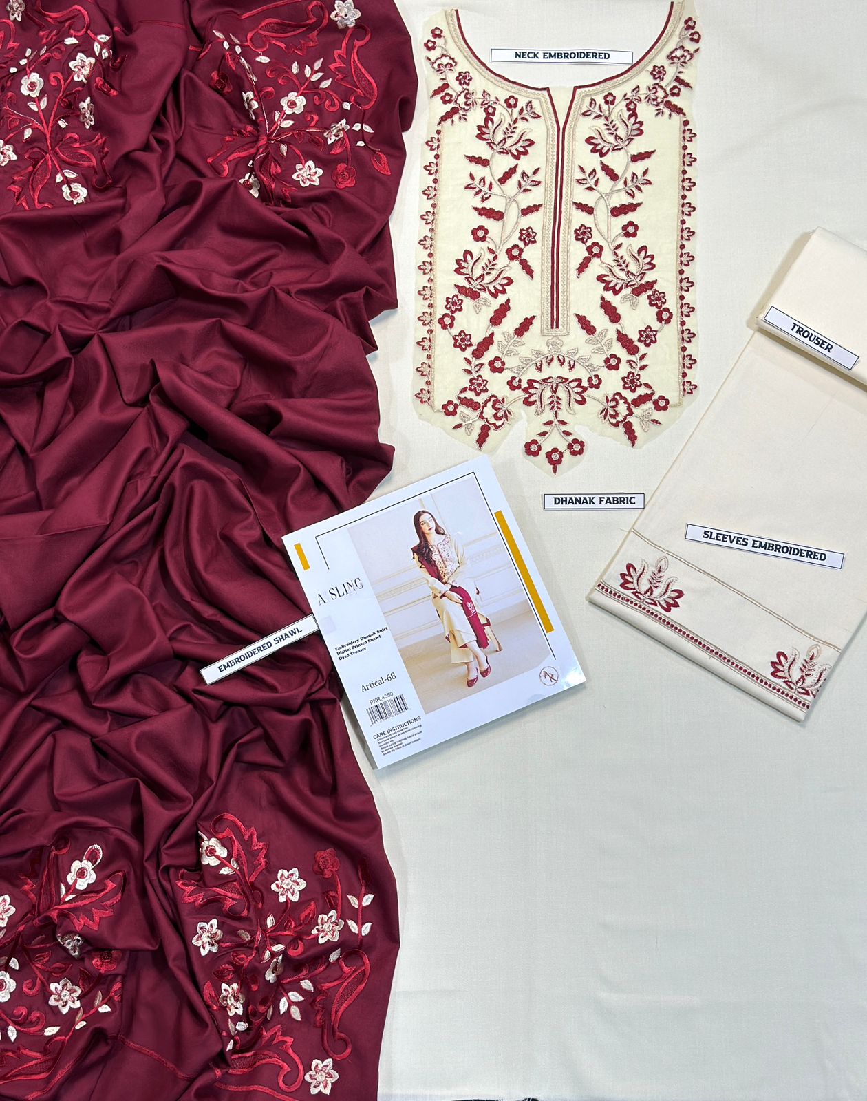 Embroidery Winter Dhanak Fabirc 3pc suit, GuaranteeWinter Dhanak Unstitched Embroidered 3-Piece Suit with Digital Printed Pashmina Wool Shawl D-1028