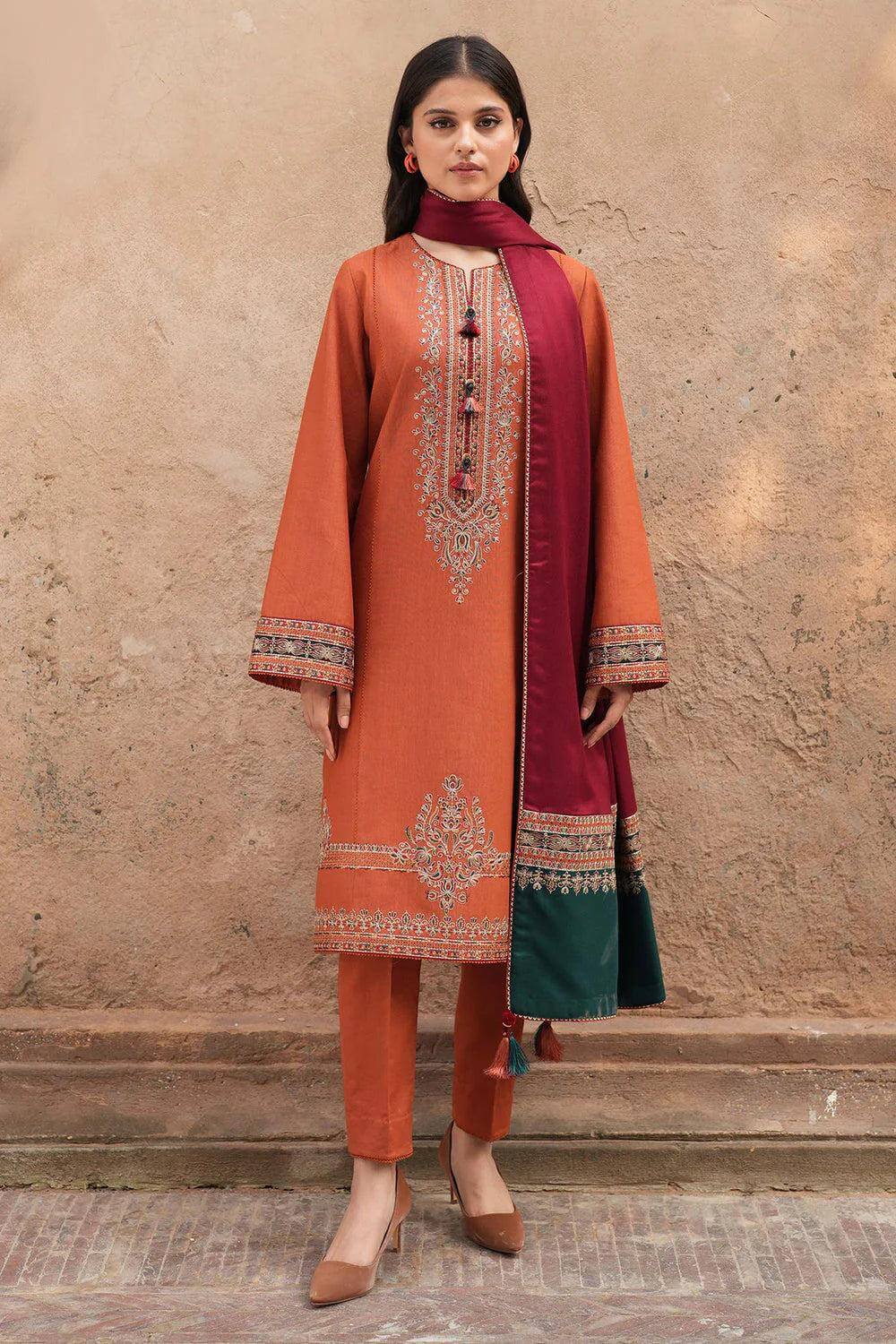 Embroidery Winter Dhanak Fabirc 3pc suit, GuaranteeWinter Dhanak Unstitched Embroidered 3-Piece Suit with Digital Printed Pashmina Wool Shawl D-1031