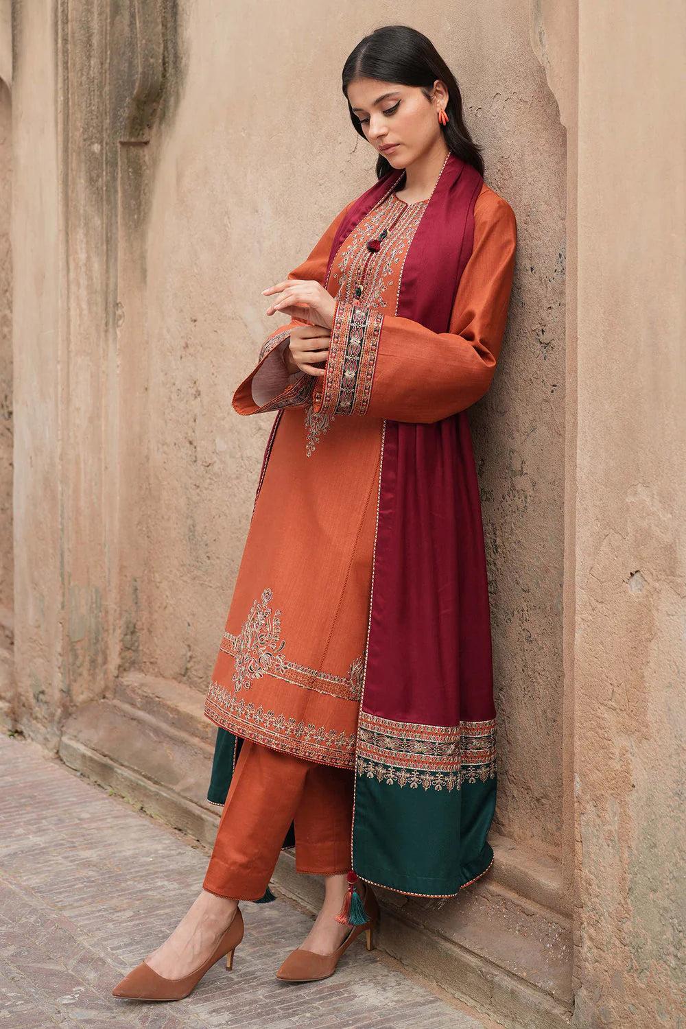 Embroidery Winter Dhanak Fabirc 3pc suit, GuaranteeWinter Dhanak Unstitched Embroidered 3-Piece Suit with Digital Printed Pashmina Wool Shawl D-1031