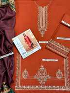Embroidery Winter Dhanak Fabirc 3pc suit, GuaranteeWinter Dhanak Unstitched Embroidered 3-Piece Suit with Digital Printed Pashmina Wool Shawl D-1031