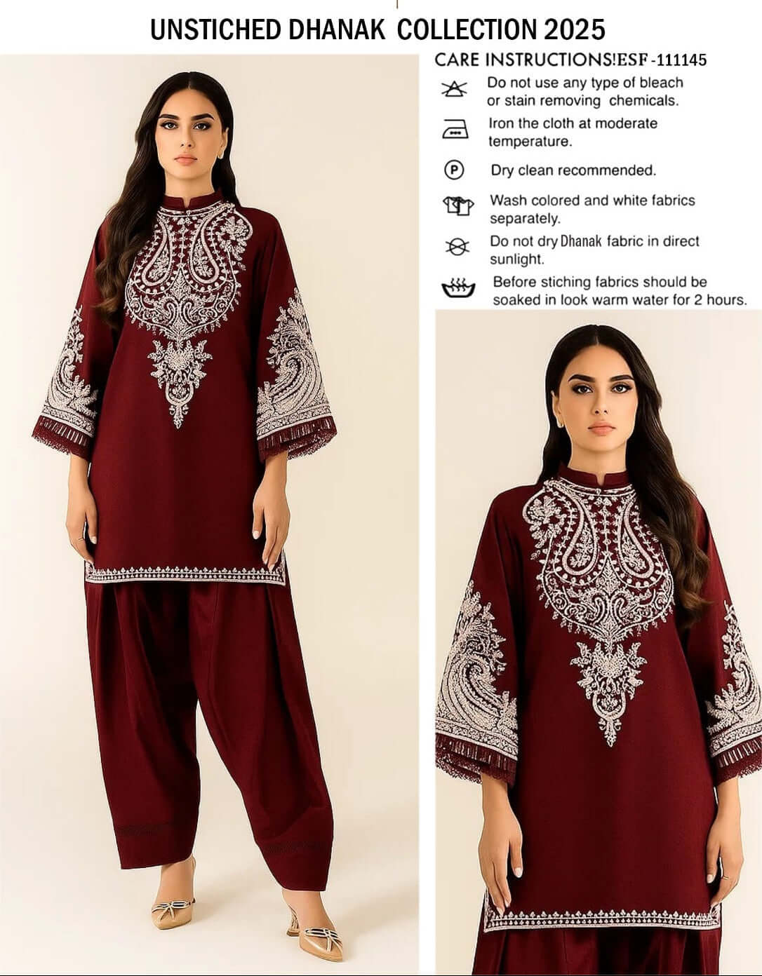 Winter Dhanak Fabric Embroidered | Unstitch 2-Piece Suit | Shirt & Trouser D-1134