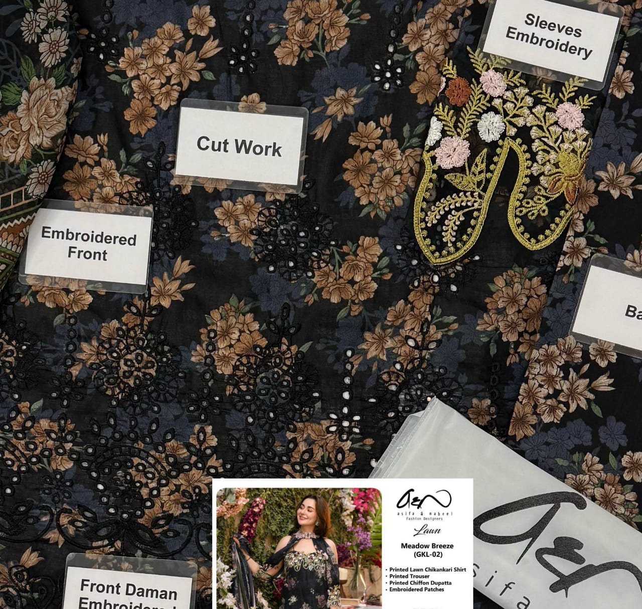 *Asifa &amp; Nabil* Lawn with Embroidered 1327