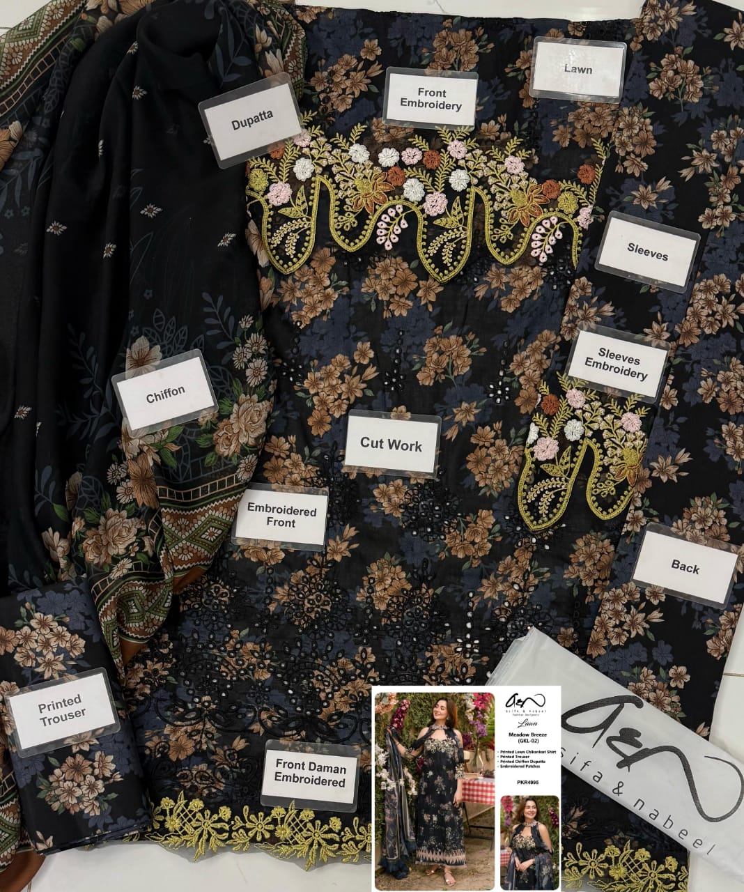 *Asifa &amp; Nabil* Lawn with Embroidered 1327