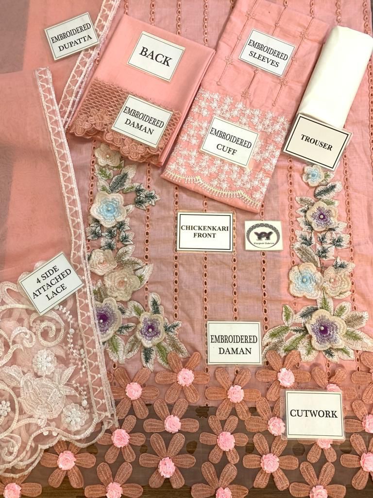 Khuda Baksh Lawn Chikankari 3 Piece Suit | 3D Handmade Flowers | Organza Dupatta