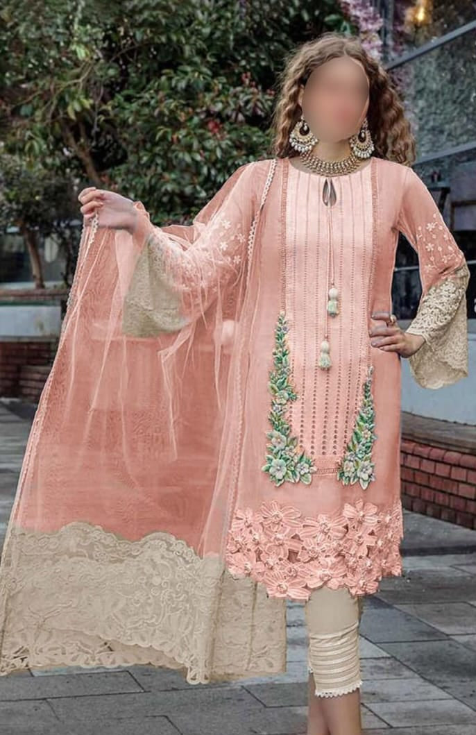 Khuda Baksh Lawn Chikankari 3 Piece Suit | 3D Handmade Flowers | Organza Dupatta
