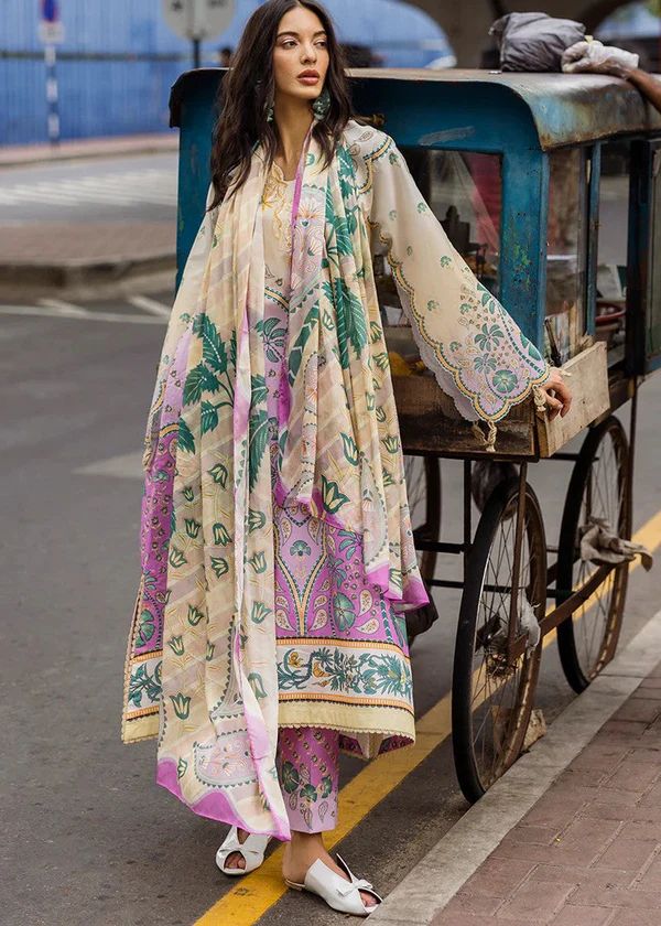 Mushaq Lawn Collection 3 Piece Suit | Heavy Embroidered Neck & Chiffon Dupatta