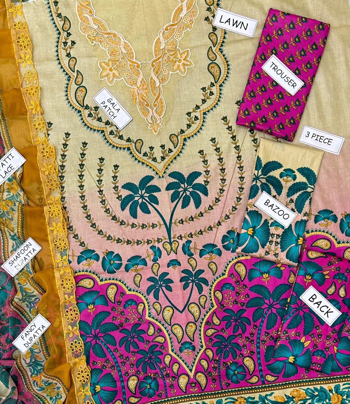 Mushaq Lawn Collection 3 Piece Suit | Heavy Embroidered Neck & Chiffon Dupatta