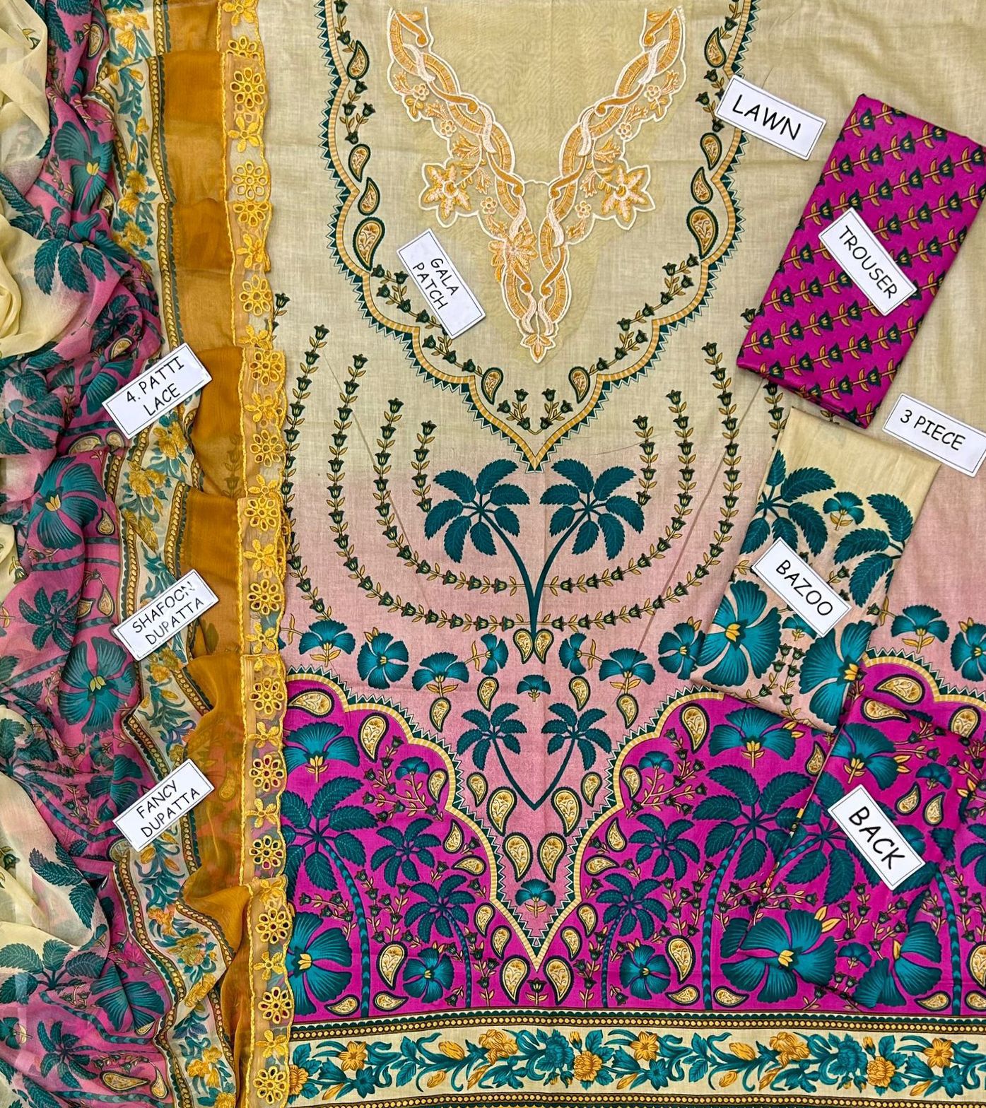 Mushaq Lawn Collection 3 Piece Suit | Heavy Embroidered Neck & Chiffon Dupatta