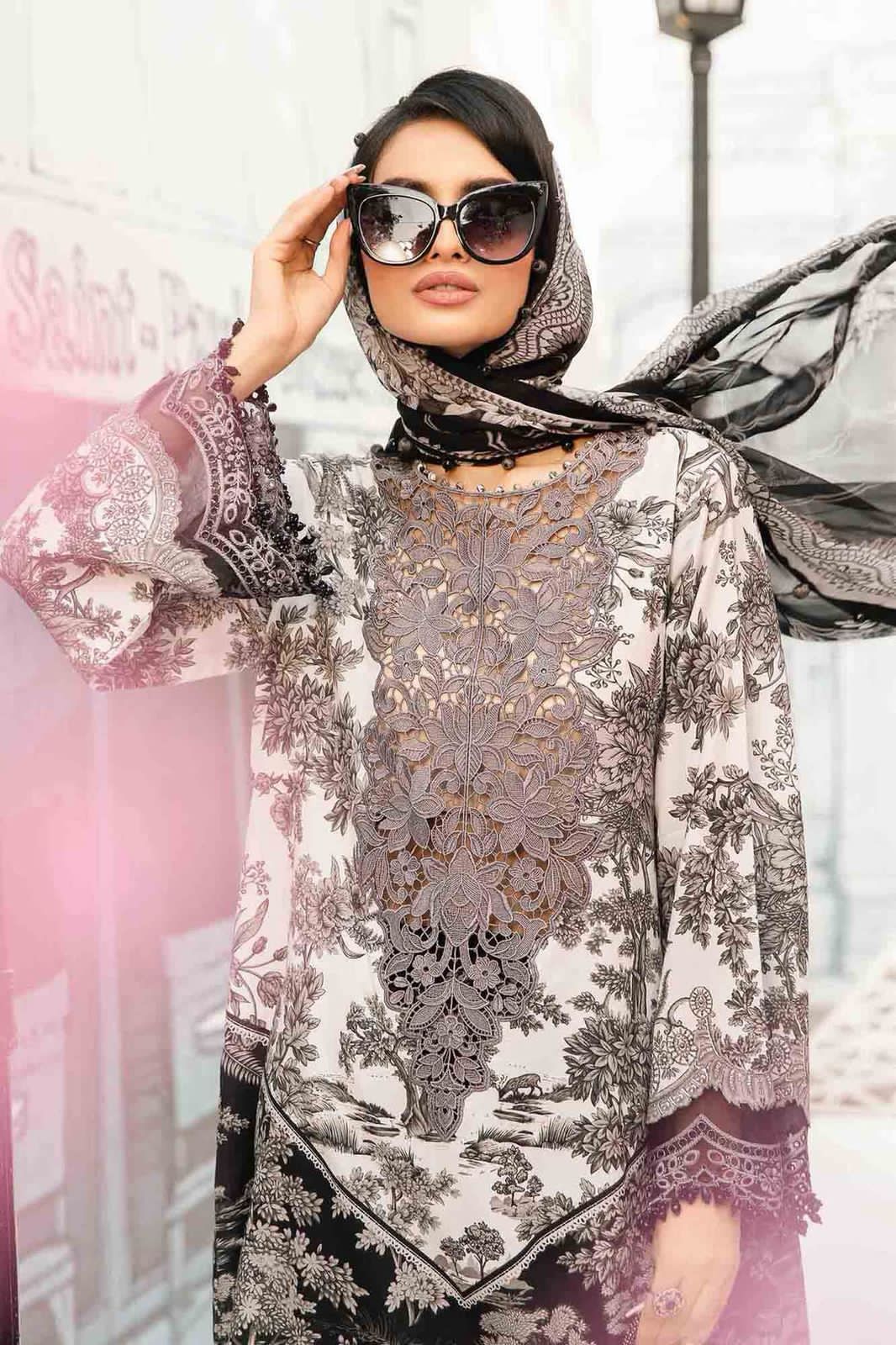 Maria B Lawn Unstitched 3 Piece Suit | Embroidered Neck & Daman