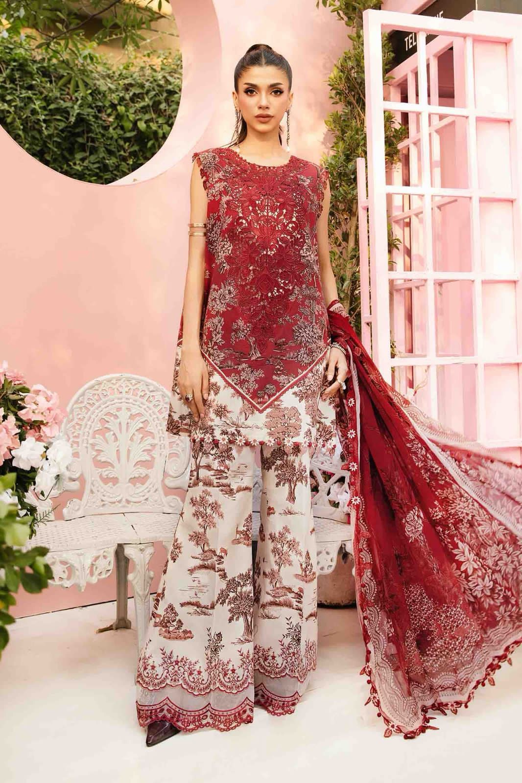 Maria B Lawn Unstitched 3 Piece Suit | Embroidered Neck &amp; Daman