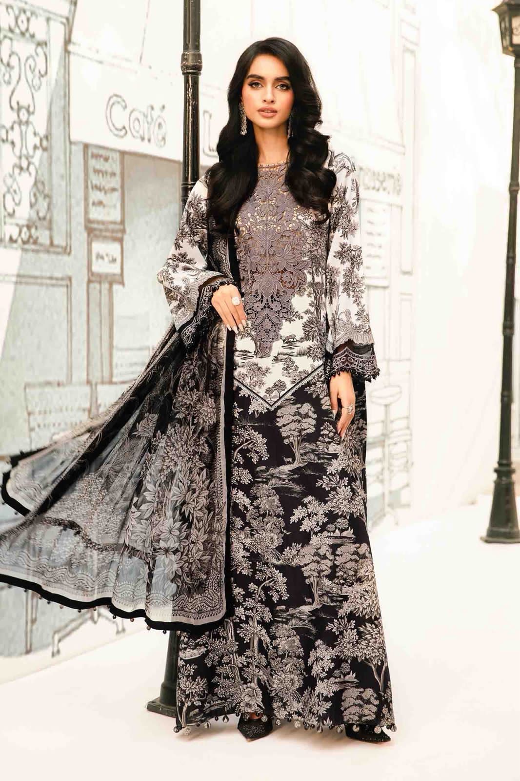 Maria B Lawn Unstitched 3 Piece Suit | Embroidered Neck & Daman