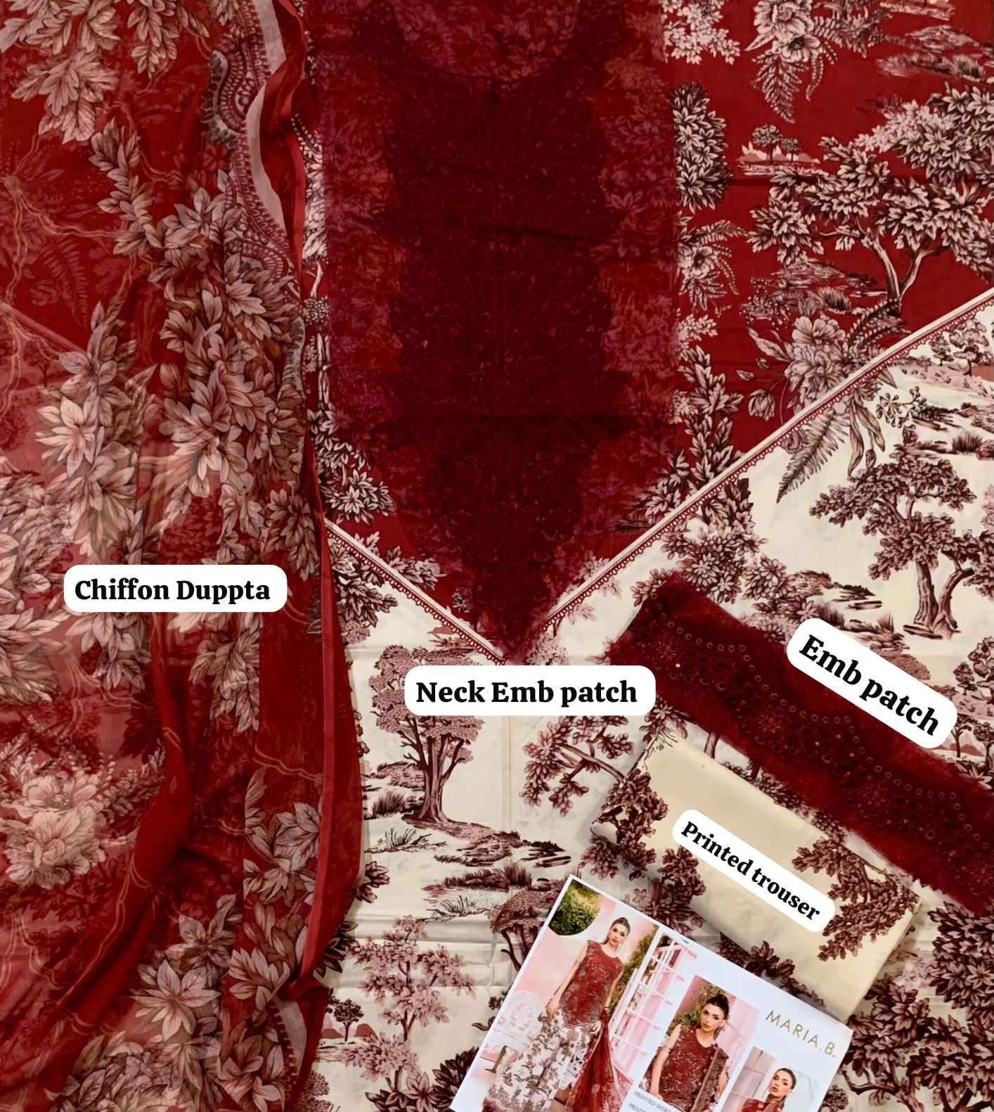 Maria B Lawn Unstitched 3 Piece Suit | Embroidered Neck &amp; Daman