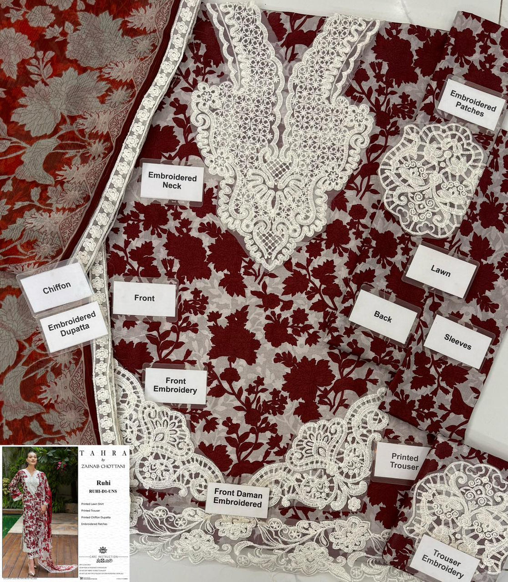 TAHRA by Zainab Chottani Lawn 3 Piece Suit D1-RUHI | Embroidered Collection