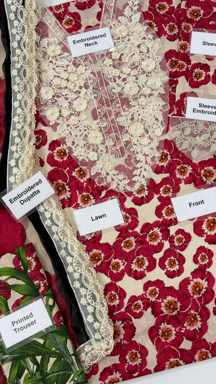 Maria B Lawn Suit MPT-2606AB | 3D Floral Embroidered Neck | Chiffon Dupatta