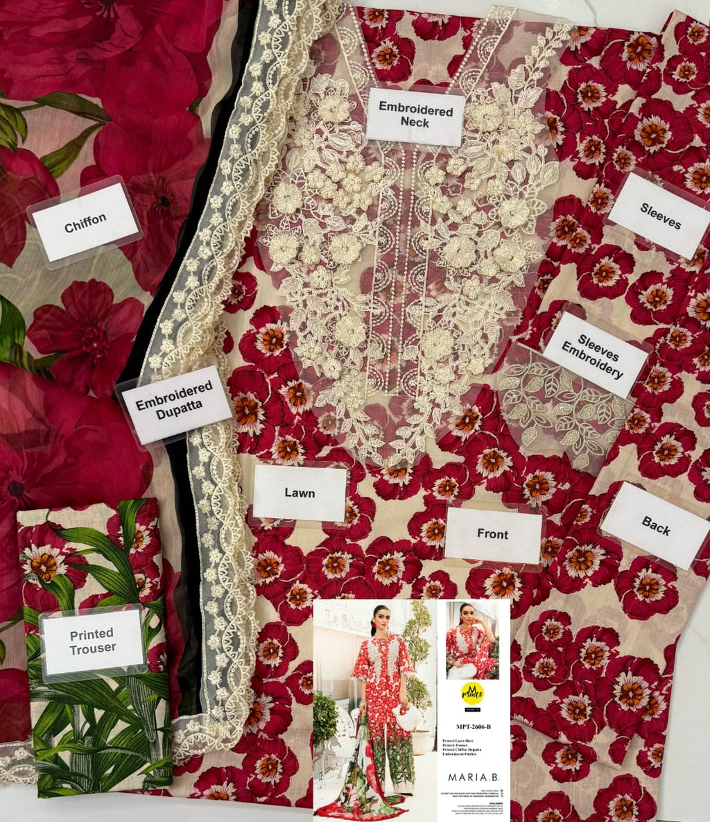 Maria B Lawn Suit MPT-2606AB | 3D Floral Embroidered Neck | Chiffon Dupatta