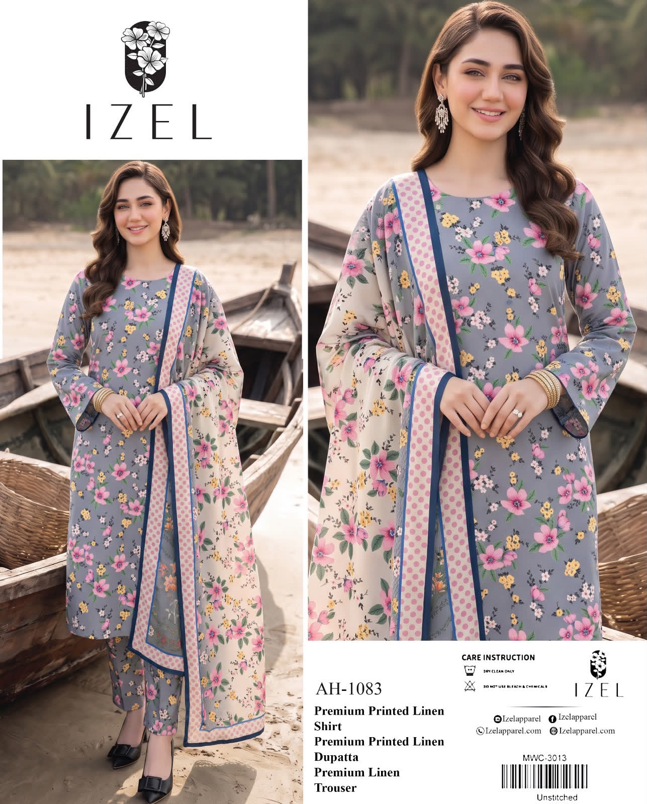 Linen 3pc print, Linen dupatta | unstitch | winter72