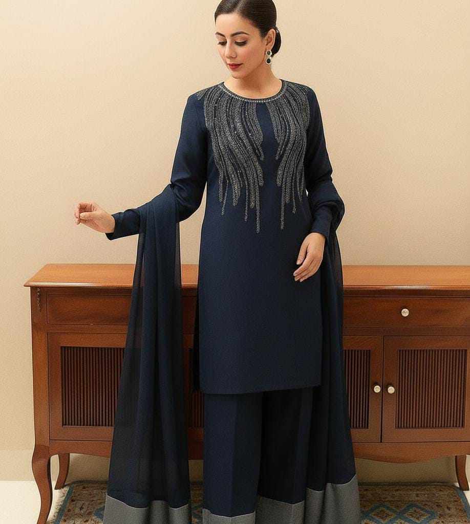 New Arrival Soft Shamooz Silk 3PC Suit – Heavy Adda Embroidered Neck, Organza Dupatta, Digital Printed Shirt & TrouserD-1041