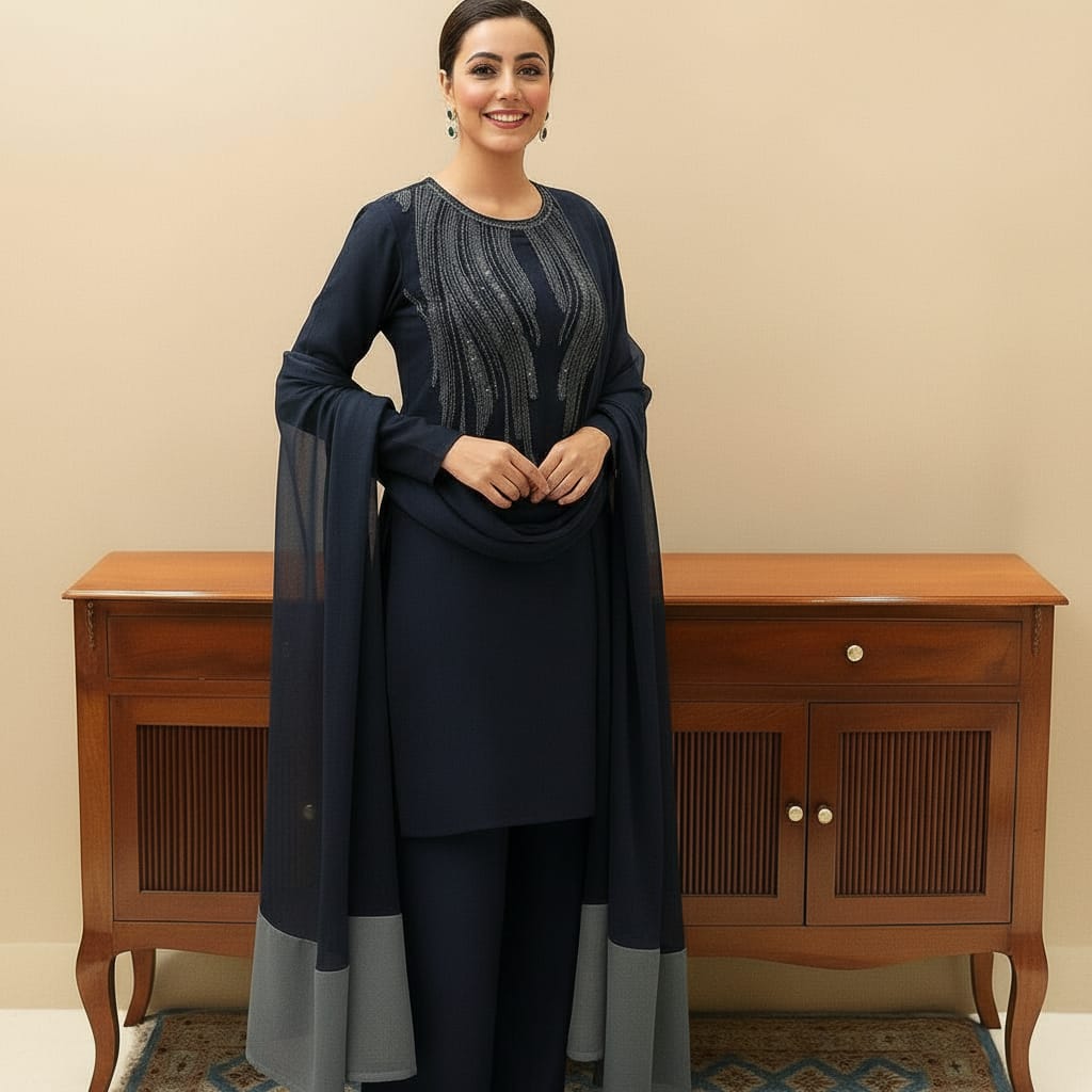 New Arrival Soft Shamooz Silk 3PC Suit – Heavy Adda Embroidered Neck, Organza Dupatta, Digital Printed Shirt & TrouserD-1041