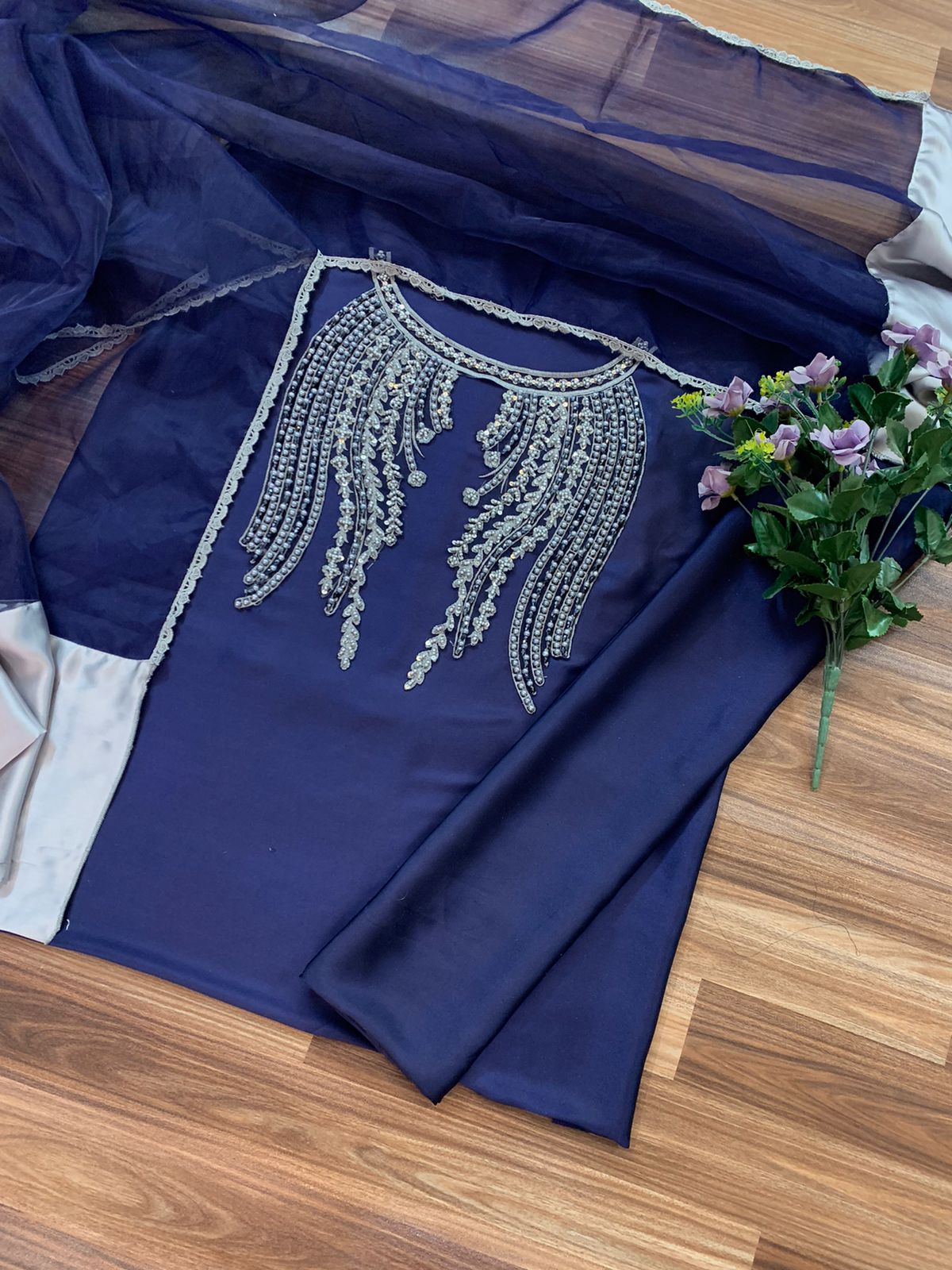 New Arrival Soft Shamooz Silk 3PC Suit – Heavy Adda Embroidered Neck, Organza Dupatta, Digital Printed Shirt & TrouserD-1041